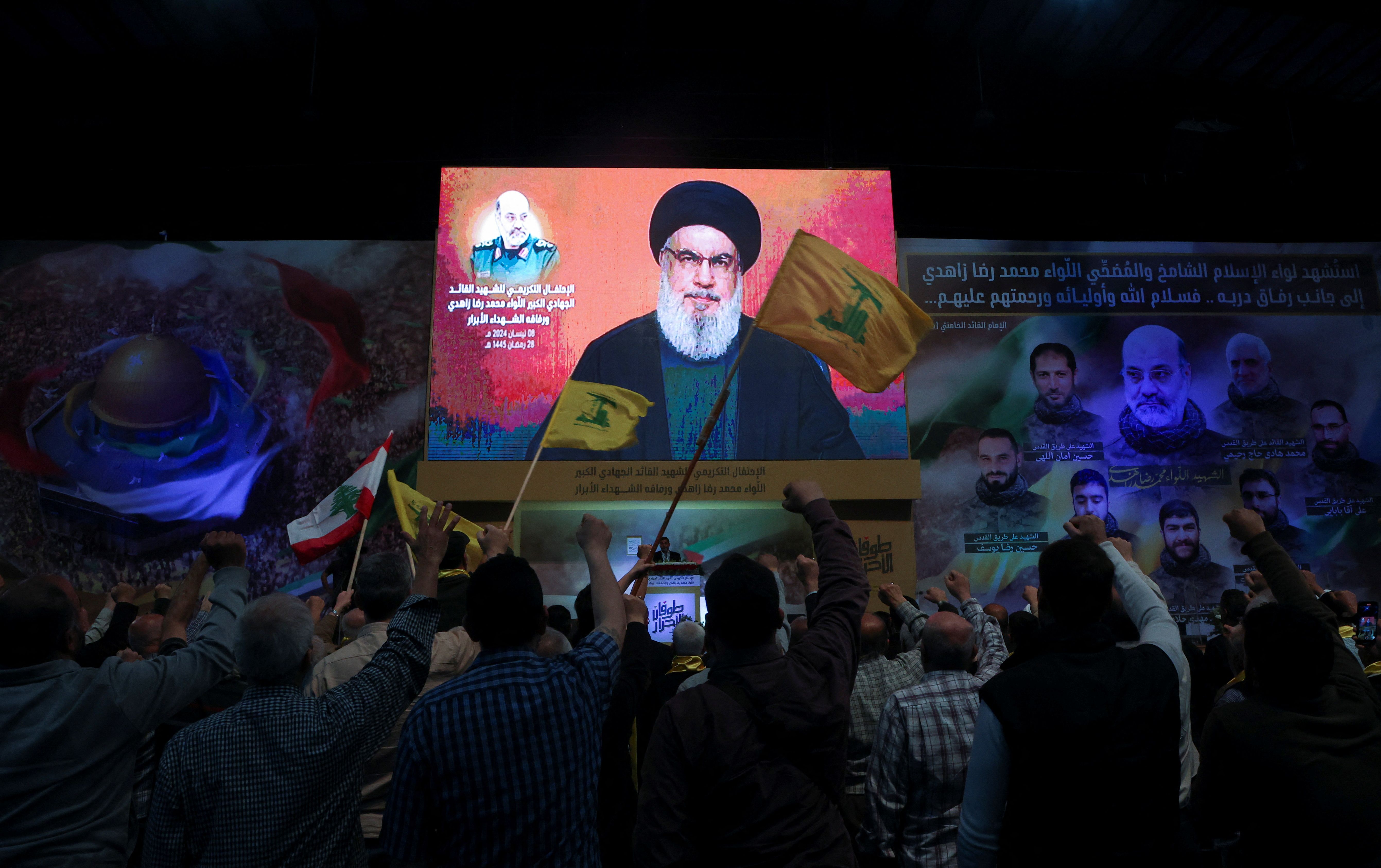 Lebanon's Hezbollah leader Sayyed Hassan Nasrallah gives a televised address to mark one week since a suspected Israeli strike on Iran's consulate in Damascus that killed several Iranian Quds Force figures, including a top commander, in Beirut's southern suburbs, Lebanon April 8, 2024. 