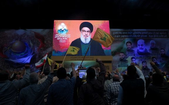 Lebanon's Hezbollah leader Sayyed Hassan Nasrallah gives a televised address to mark one week since a suspected Israeli strike on Iran's consulate in Damascus that killed several Iranian Quds Force figures, including a top commander, in Beirut's southern suburbs, Lebanon April 8, 2024.