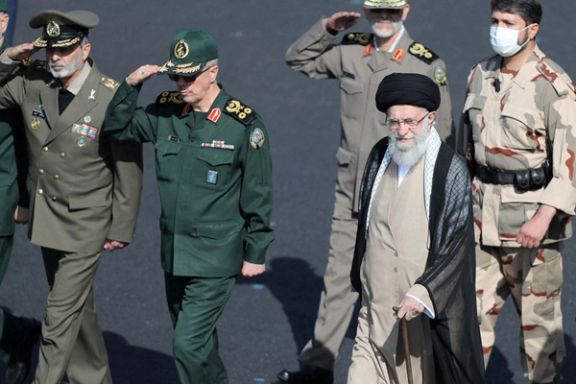 Iran's Supreme Leader Ali Khamenei reviews armed forces during a graduation ceremony for armed Forces Officers' Universities at the police academy in Tehran, Iran October 3, 2022.