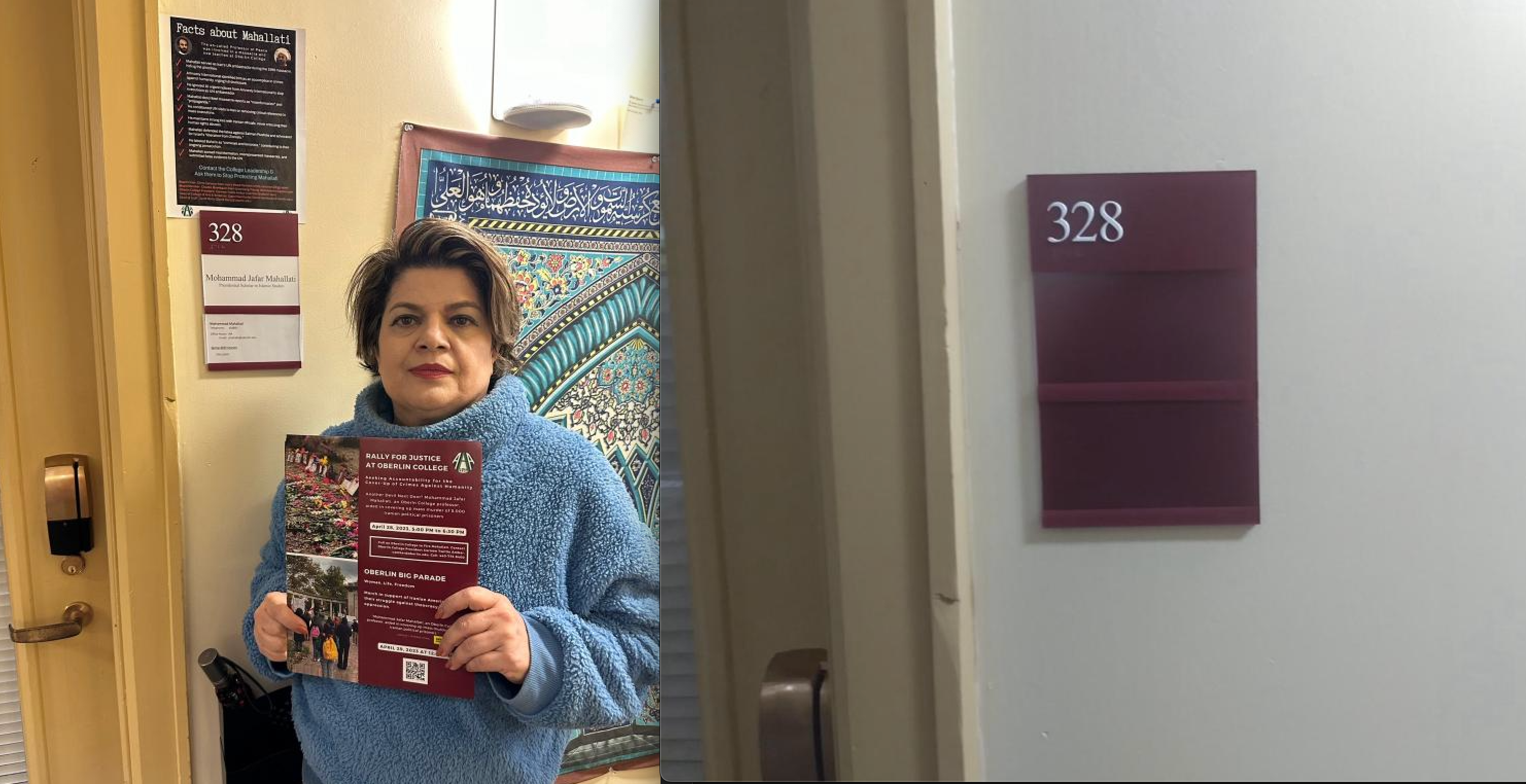 Human rights activist Lawdan Bazargan outside Mohammad Jafar Mahallati’s office in Oberlin College’s religion department before and after his ouster  