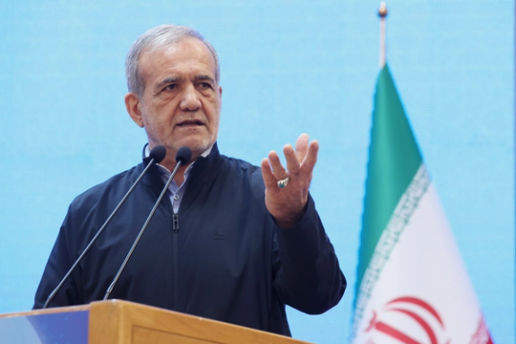 Iran's President Masoud Pezeshkian speaking during a ceremony on National Exports Day on October 20, 2024.