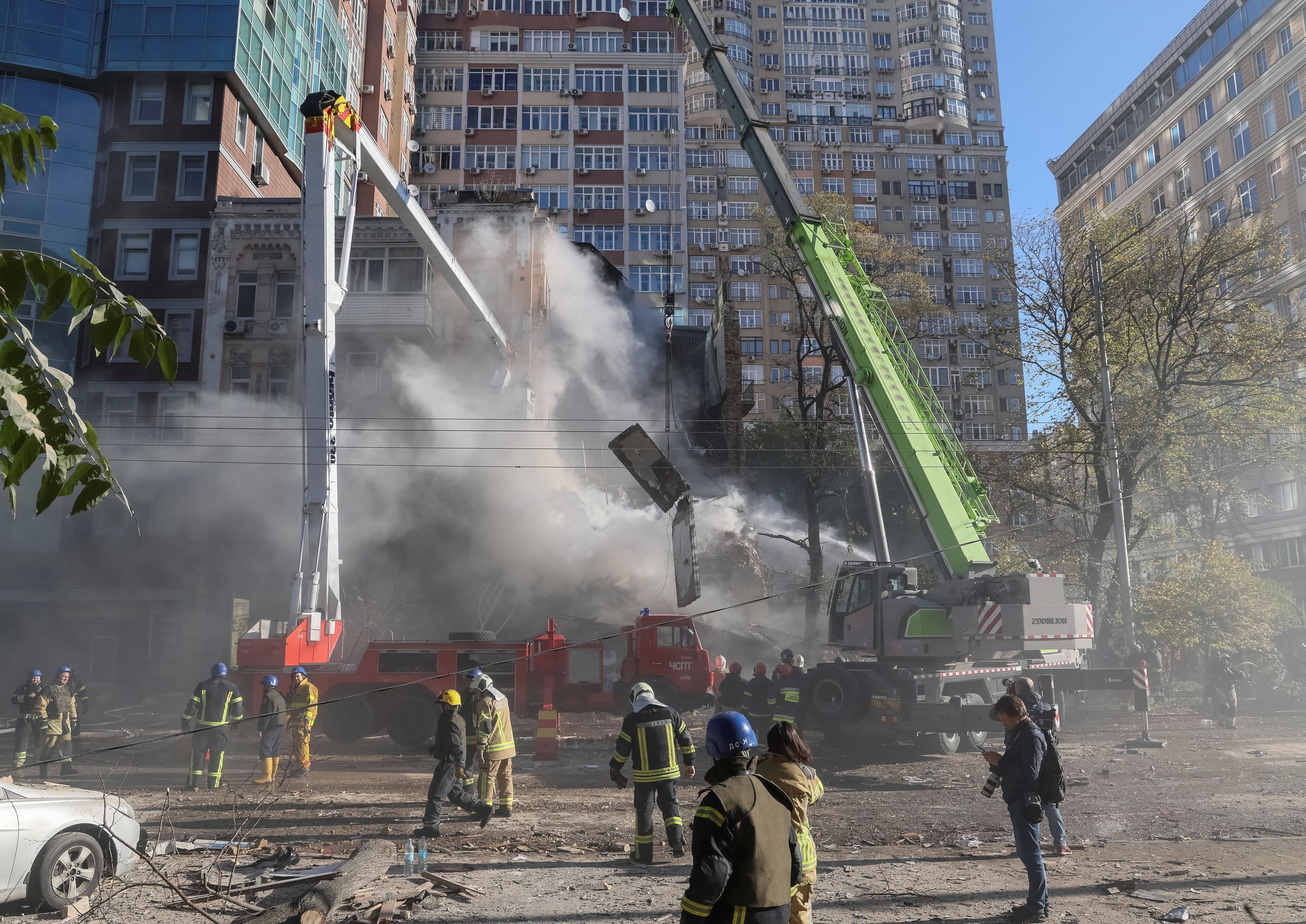 The aftermath of a drone hit on buildings in Kyiv on October 17, 2022