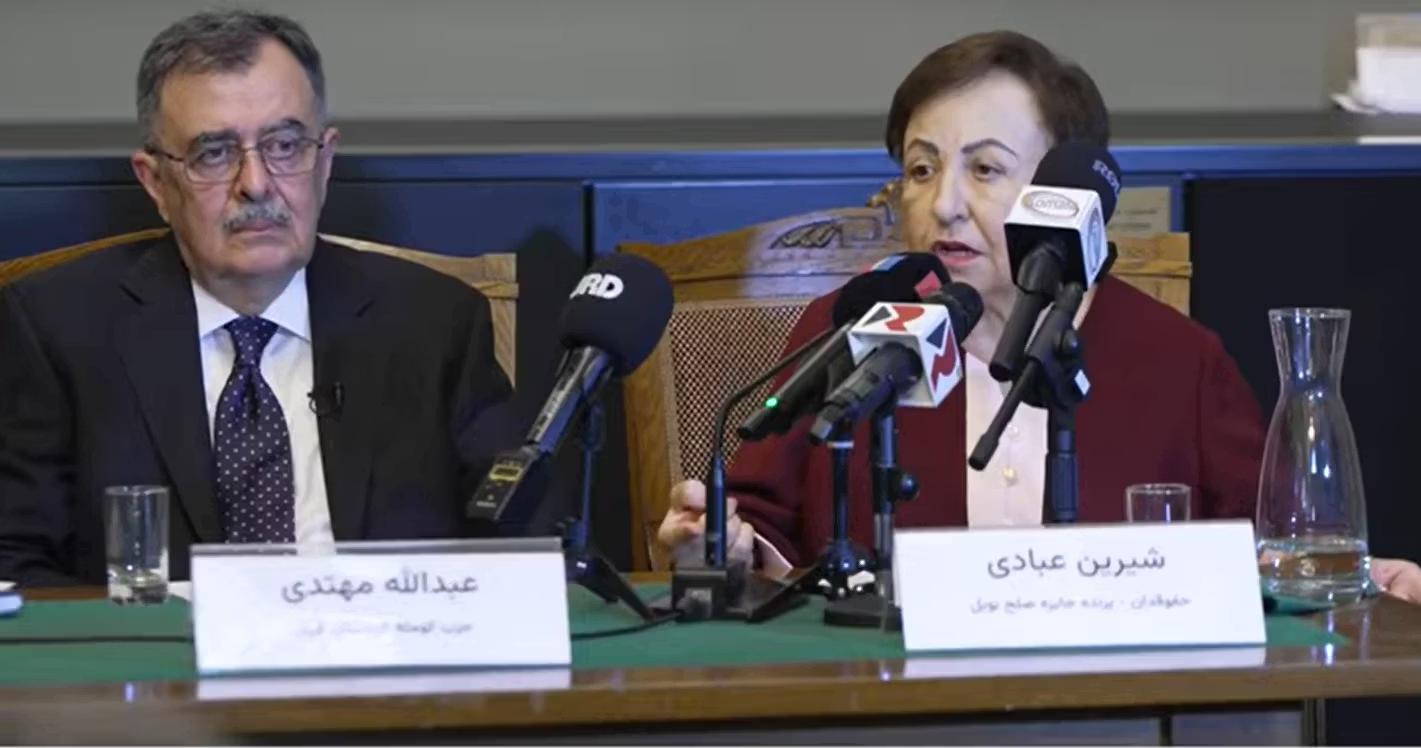 Shirin Ebadi (right) and Abdullah Mohtadi take part in the Oslo human rights conference
