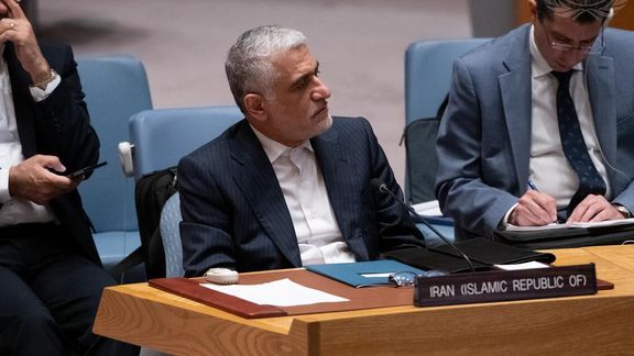 Iran's ambassador to the United Nations, Amir Saeed Iravani, during a Security Council meeting in New York on July 6, 2023