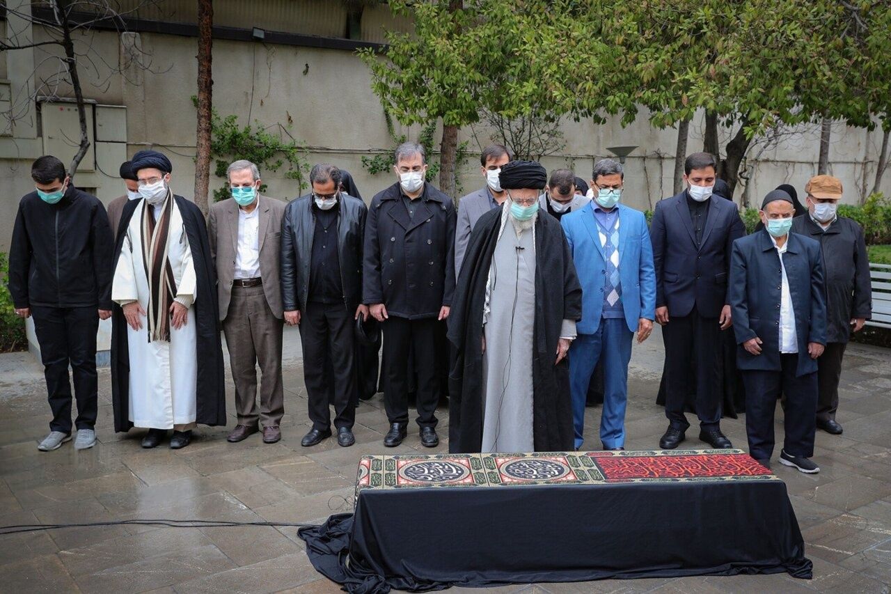 Iran’s then-Supreme Leader Ali Khamenei leads prayers at the funeral of former vice-president and conservative lawmaker Hassan Ghafouri Fard in Tehran on March 10, 2023. 