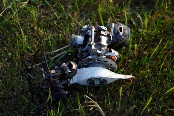 Parts of an Iranian-made suicide drone are seen at a compound of a tobacco factory damaged during a strike in Kyiv, May 28, 2023
