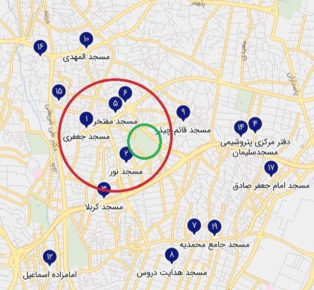 The green circle shows Qeytarieh Park and the blue pins show the mosques in the area   (file)