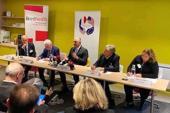 Prince Reza Pahlavi speaking at a conference in the European American Press Club (EAPC) in Paris on February 22, 2023