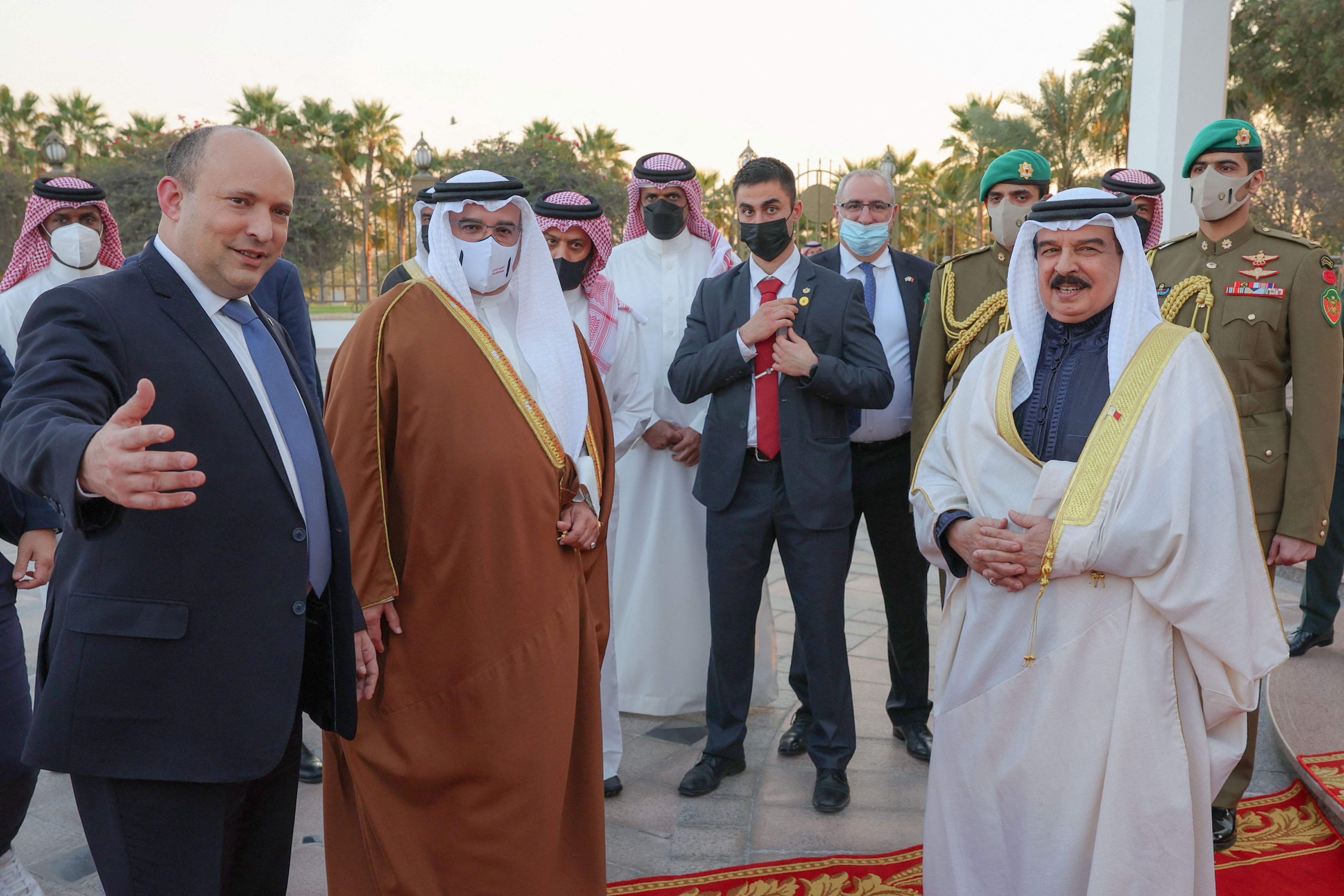 Bahrain's King Hamad bin Isa al-Khalifa receives Israeli Prime Minister Naftali Bennett at Sakhir Palace, Bahrain, February, 15, 2022.