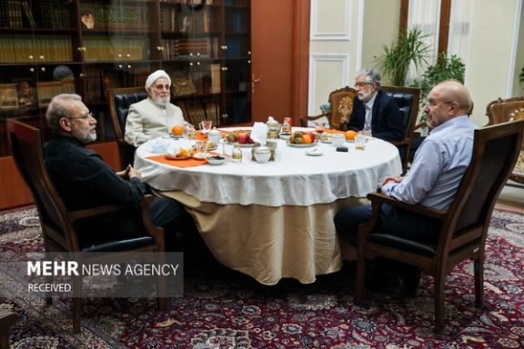 (From left) Former parliament speakers Ali Larijani, Ali Akbar Nategh-Nouri, Gholam-Ali Haddad-Adel, and incumbent Mohammad-Bagher Ghalibaf during a meeting in April 2023