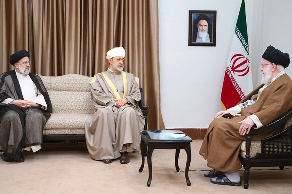 Iran’s President Ebrahim Raisi (left), Oman's Sultan Haitham bin Tariq al-Said (center), and Supreme Leader Ali Khamenei during a meeting in Tehran on May 29, 2023
