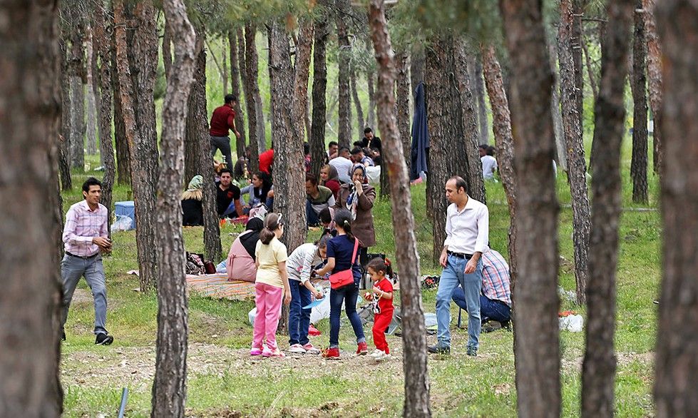 Families enjoying a day out in a Tehran natural park. Undated