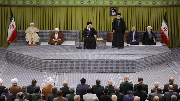 Iran’s Supreme Leader Ali Khamenei (center) and senior Iranian officials during a meeting in Tehran on February 8, 2024