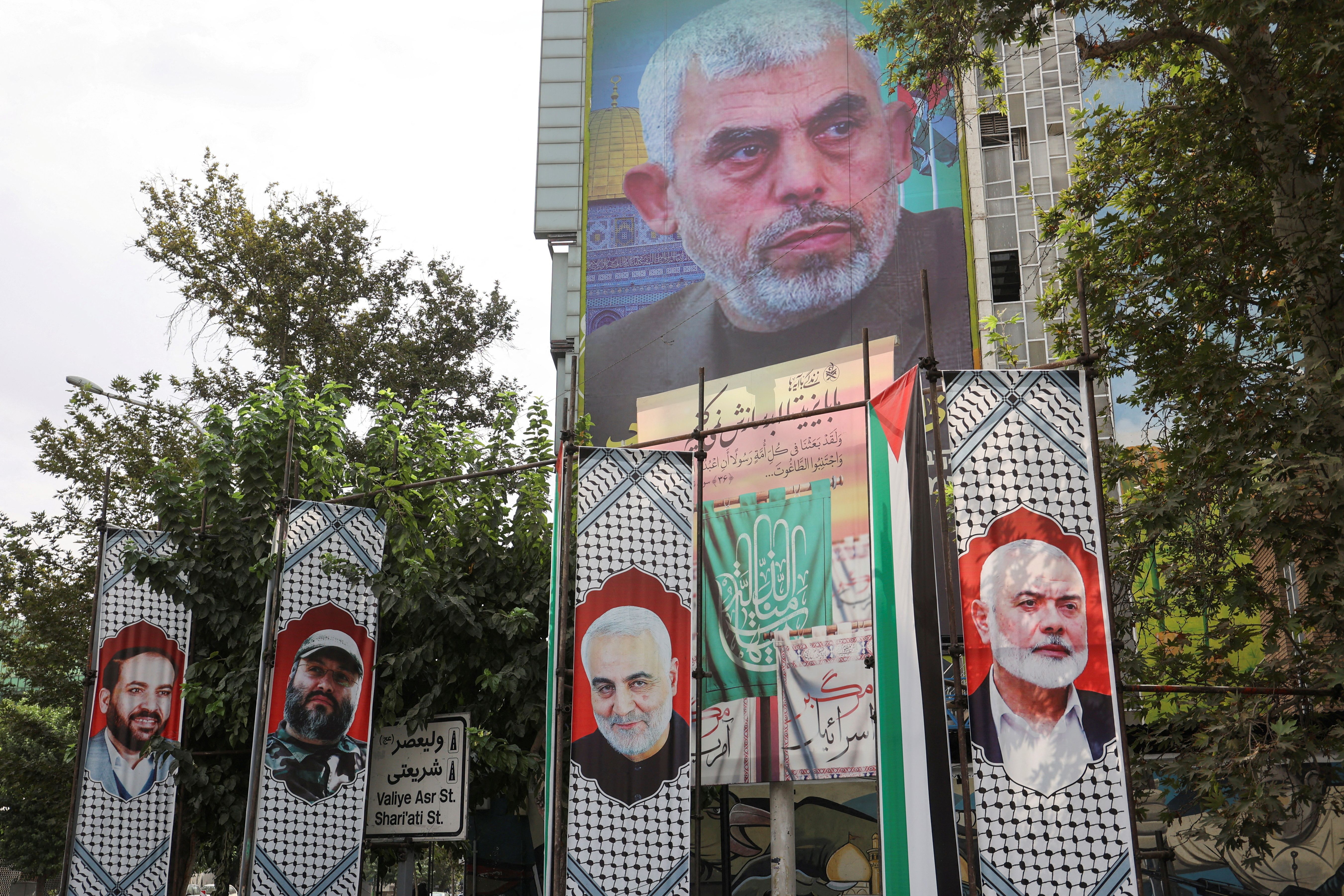 A billboard with a picture of newly appointed Hamas leader Yahya Sinwar is displayed on a building in a street in Tehran, Iran, August 12, 2024. 