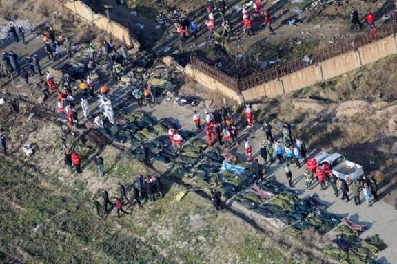 An aerial photo from the site of the Flight PS752 crash