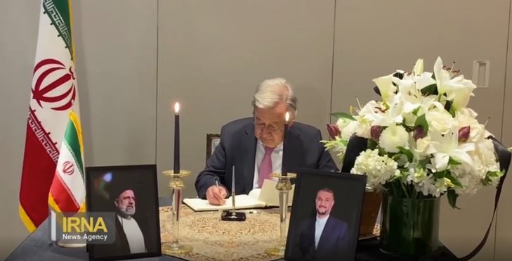 UN Secretary-General Antonio Guterres pays tribute to Iran's late President Ebrahim Raisi and Foreign Minister Hossein Amir-Abdollahian at Iran's Permanent Mission to the UN on May 25, 2024.