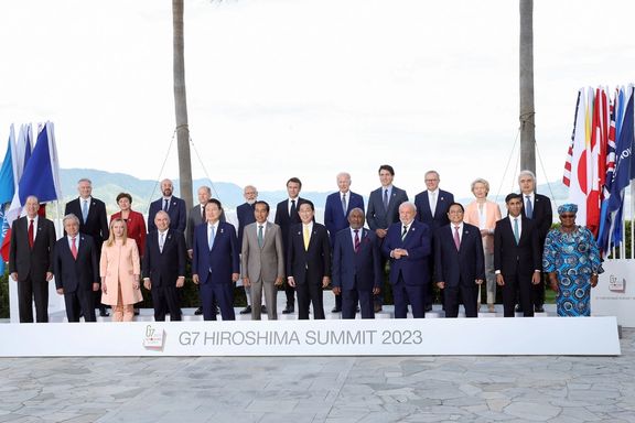 Participants pose for a group photo at G7 leaders' summit in Hiroshima, western Japan. (May 2023)