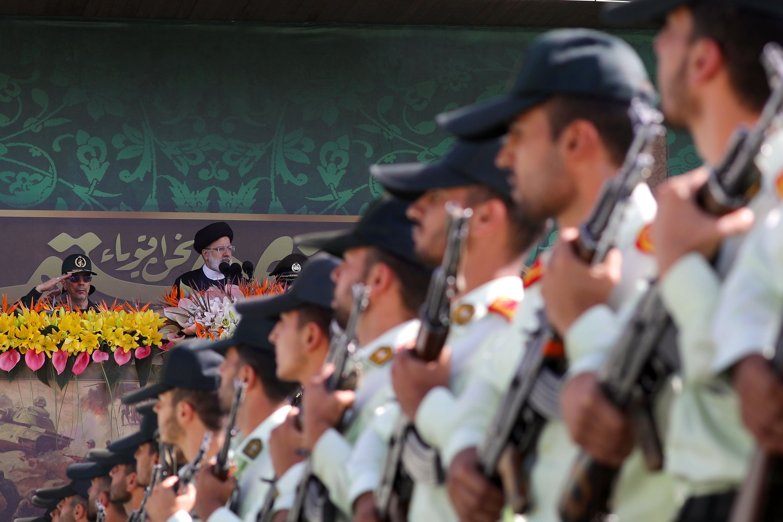 Iranian President Ebrahim Raisi during a military parade along with top military officials south of Tehran on September 22, 2023