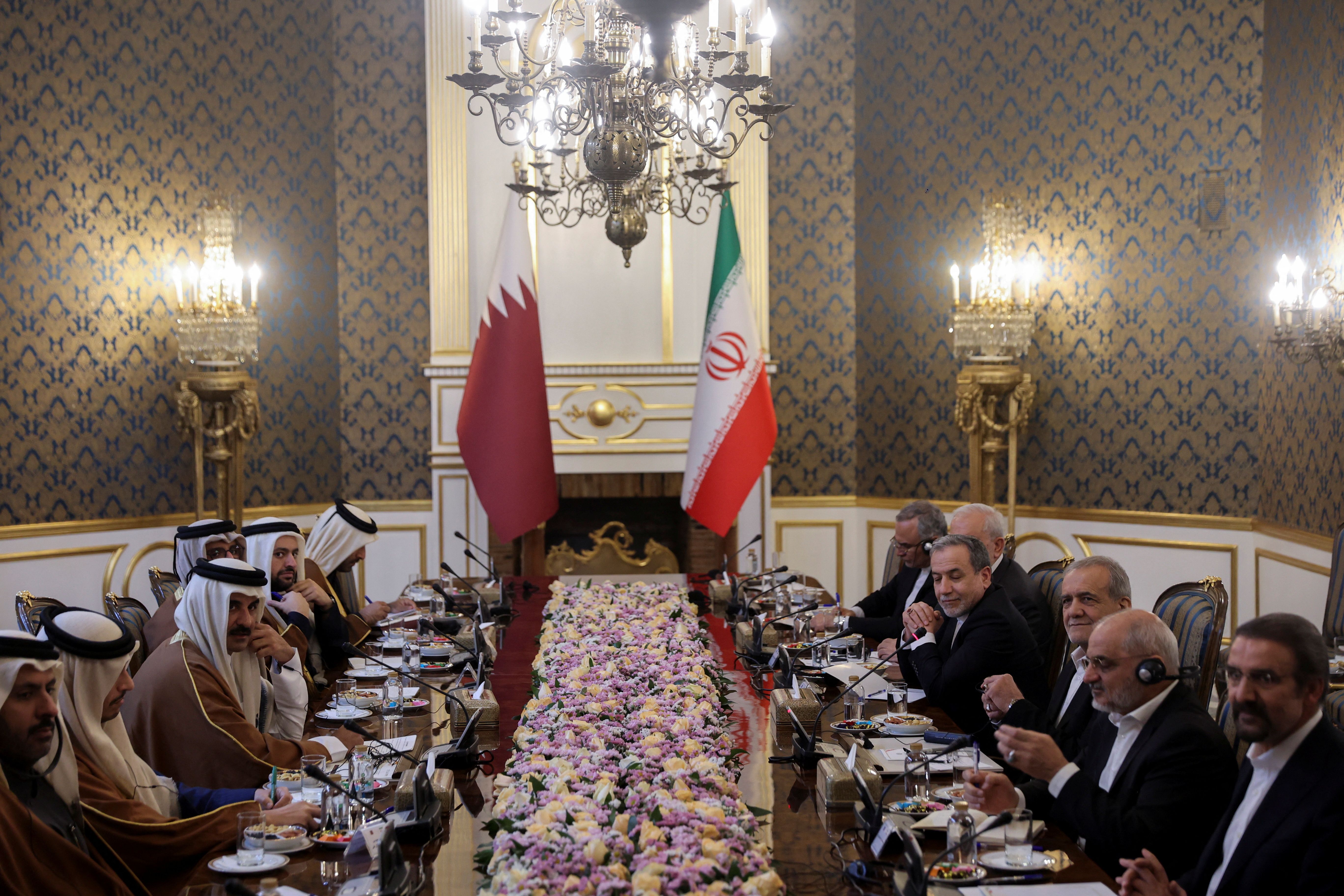 Iranian President Masoud Pezeshkian meets with Emir of Qatar Sheikh Tamim bin Hamad Al Thani, in Tehran, Iran. February 19, 2025. 