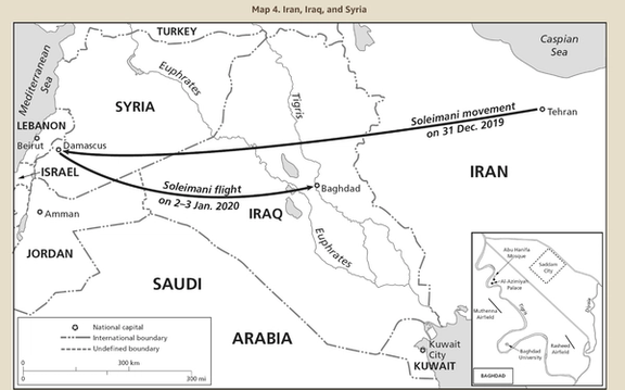 نقشه شماره ۴: زمان و مسیر پرواز سلیمانی در زمان حمله