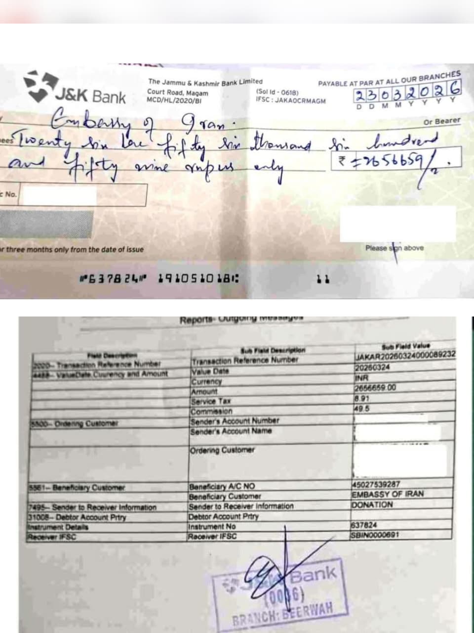 A cheque written out to Iran's embassy