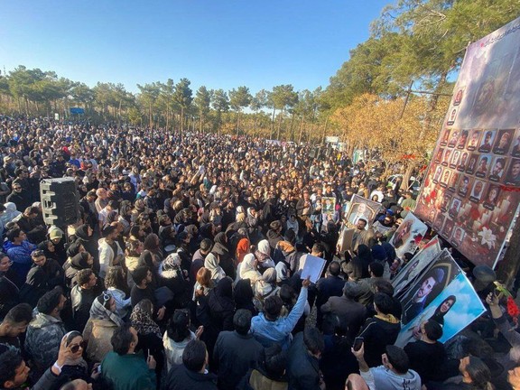 Image circulating on social media shows mourners gather for the fortieth-day memorial ceremony of those killed in recent protests, in Najafabad, Isfahan province, Iran, Feb. 17, 2026.