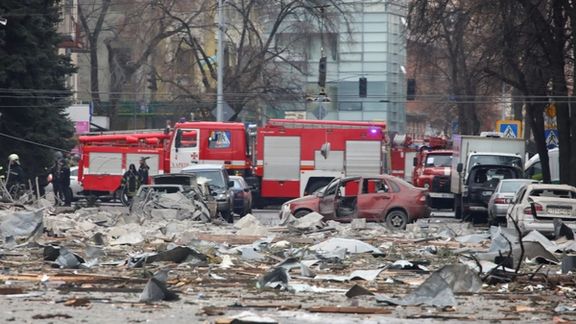 A view shows the area near the regional administration building, which city officials said was hit by a missile attack, in central Kharkiv, March 1, 2022.