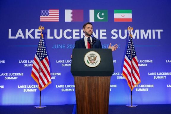US Vice President JD Vance speaks to members of the media before boarding Air Force Two, after the US and Iran held high-level talks at the Lake Lucerne Summit, at Emmen Military Air Base, Emmen, Switzerland, June 22, 2026.