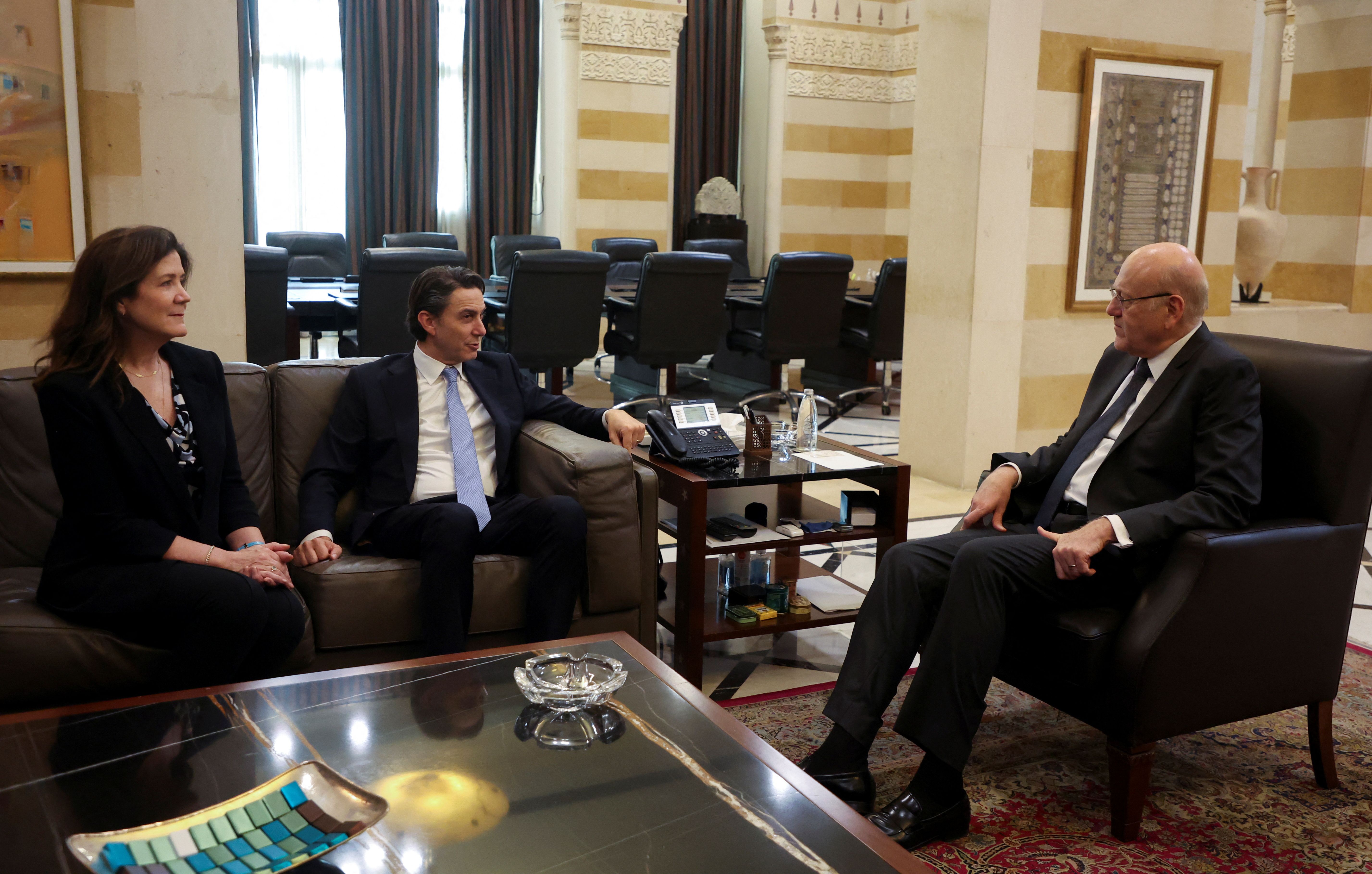 US Special Envoy Amos Hochstein and US Ambassador to Lebanon Dorothy Shea meet with Lebanon's caretaker Prime Minister Najib Mikati in Beirut, Lebanon November 7, 2023.