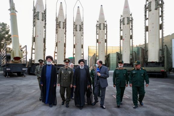 Iranian President Ebrahim Raisi visit ballistic missiles during the joining ceremony of the Armed Forces, in Tehran, August 22, 2023.