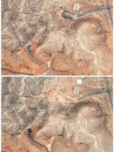 A combination picture shows satellite views of tunnel entrances to the Isfahan Nuclear Technology Research Center before and after being hit by US airstrikes amid the Iran-Israel conflict, in Isfahan, Iran, June 20, 2025 (above), and June 22, 2025. Maxar Technologies/Handout via REUTERS