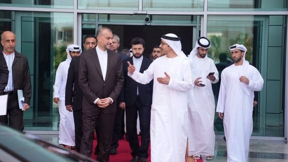 Iranian Foreign Minister Hossein Amir-Abdollahian (left) and his Emirati counterpart Sheikh Abdullah bin Zayed Al Nahyan in Abu Dhabi, the United Arab Emirates, on June 22, 2023