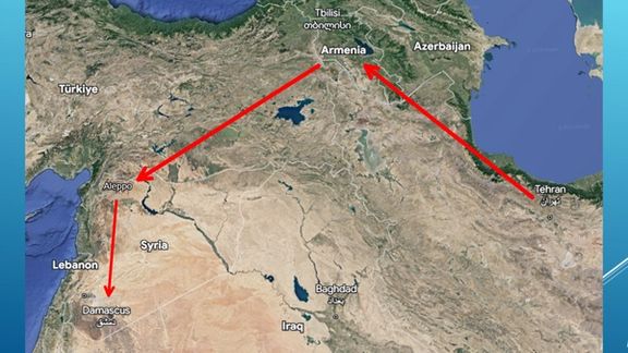 A map of the Iranian Air Corridor Route to Syria and Lebanon through Armenia (Alma institute)