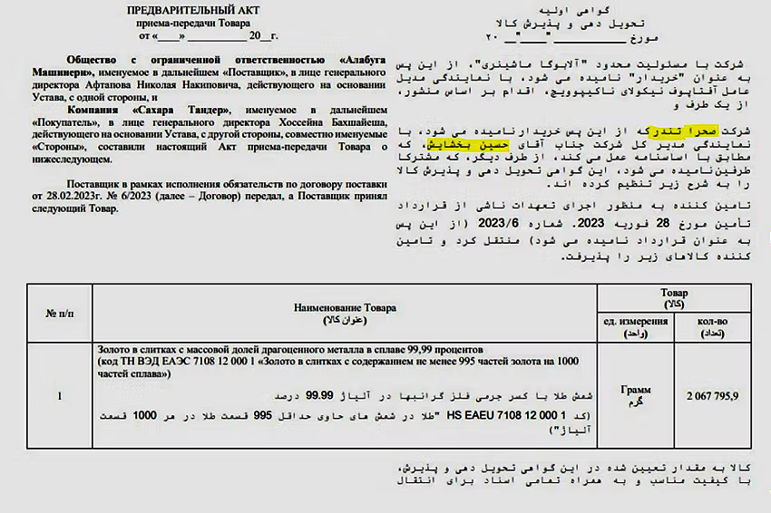 این سند که در جریان هک سرورهای شرکت «صحرا تندر» در سال ۲۰۲۴ افشا شد، نشان می‌دهد این شرکت با طرف‌های روسی همکاری پهپادی داشته و در روابط خود از طلا به‌جای پول نقد استفاده کرده است