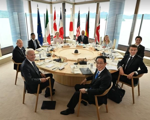 G7 leaders attend a working lunch meeting at G7 leaders' summit in Hiroshima, western Japan May 19, 2023.