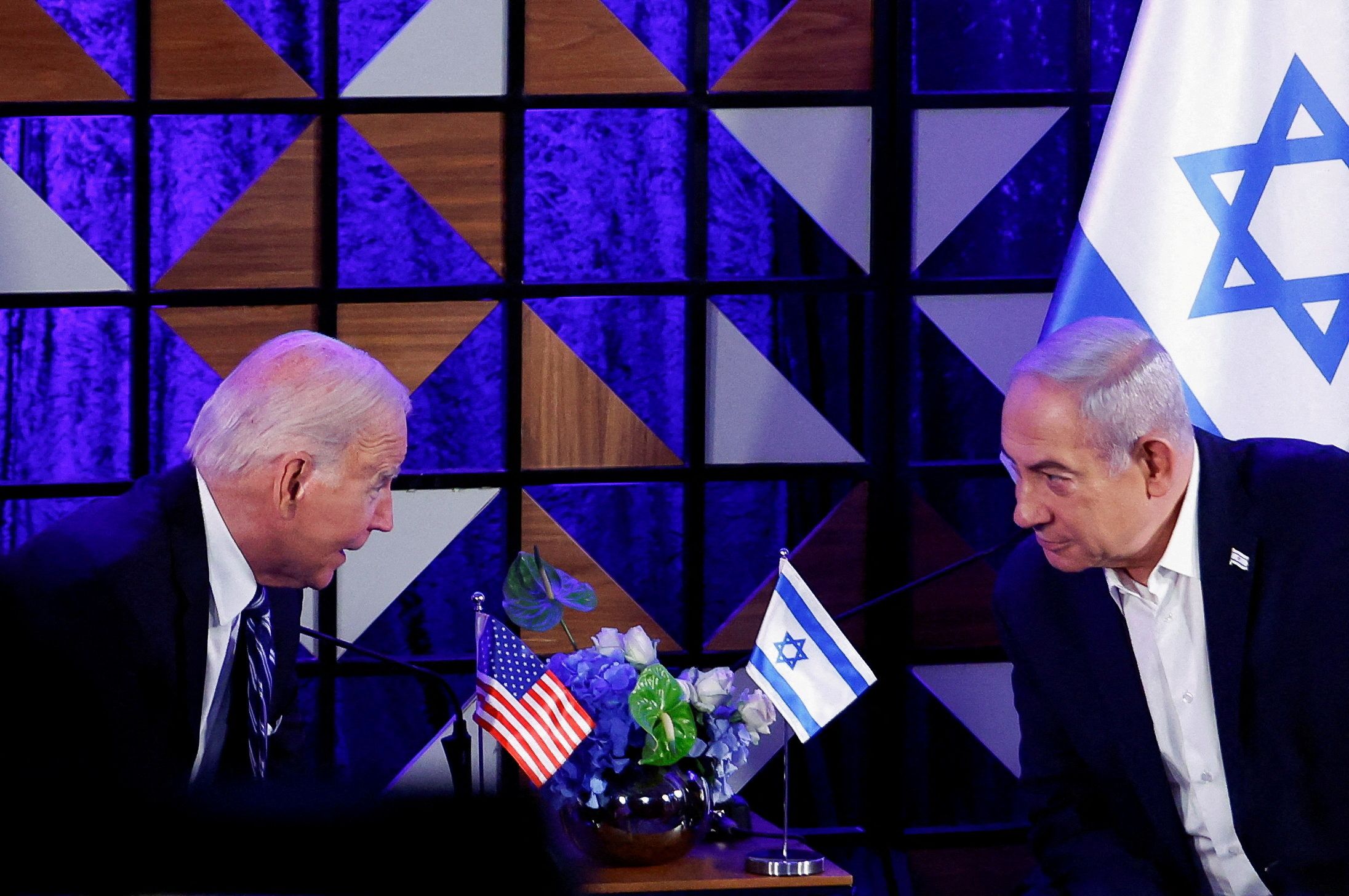 US resident Joe Biden attends a meeting with Israeli Prime Minister Benjamin Netanyahu, as he visits Israel amid the ongoing conflict between Israel and Hamas, in Tel Aviv, Israel, October 18, 2023. 