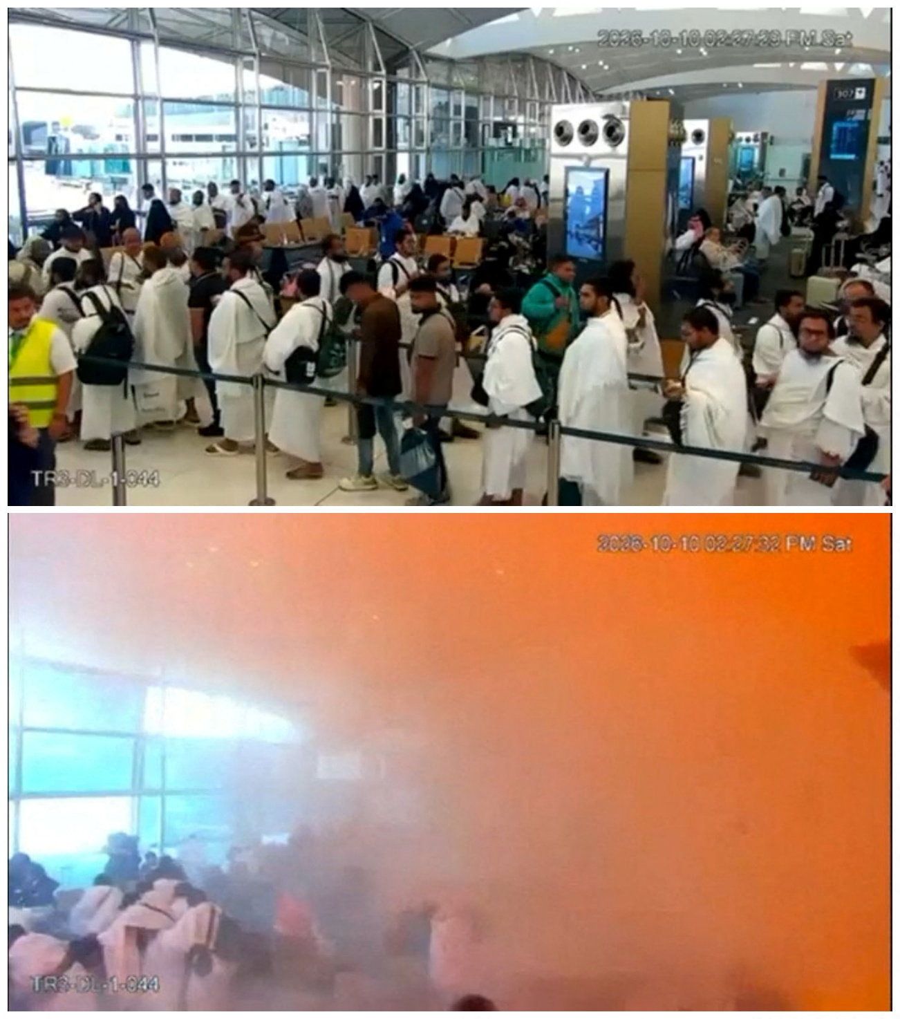 A combination picture shows surveillance footage of people in a queue right before the moment of an attack (top), and people reacting amid smoke at the moment of an attack (bottom), at King Khalid International Airport in Riyadh, Saudi Arabia, October 10, 2026, in these screengrabs from a handout video.