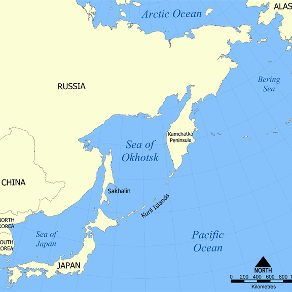 Location of the Kuril Islands in the Western Pacific between Japan and the Kamchatka Peninsula of Russia