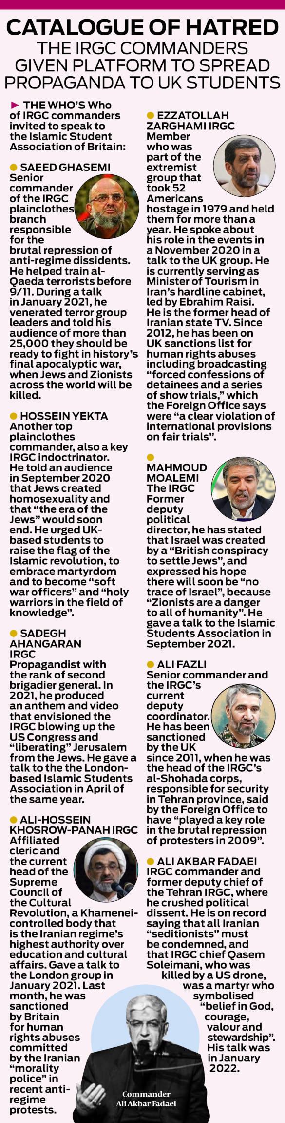 An infographic created by The Jewish Chronicle about the IRGC commanders given a platform to spread propaganda to UK students  