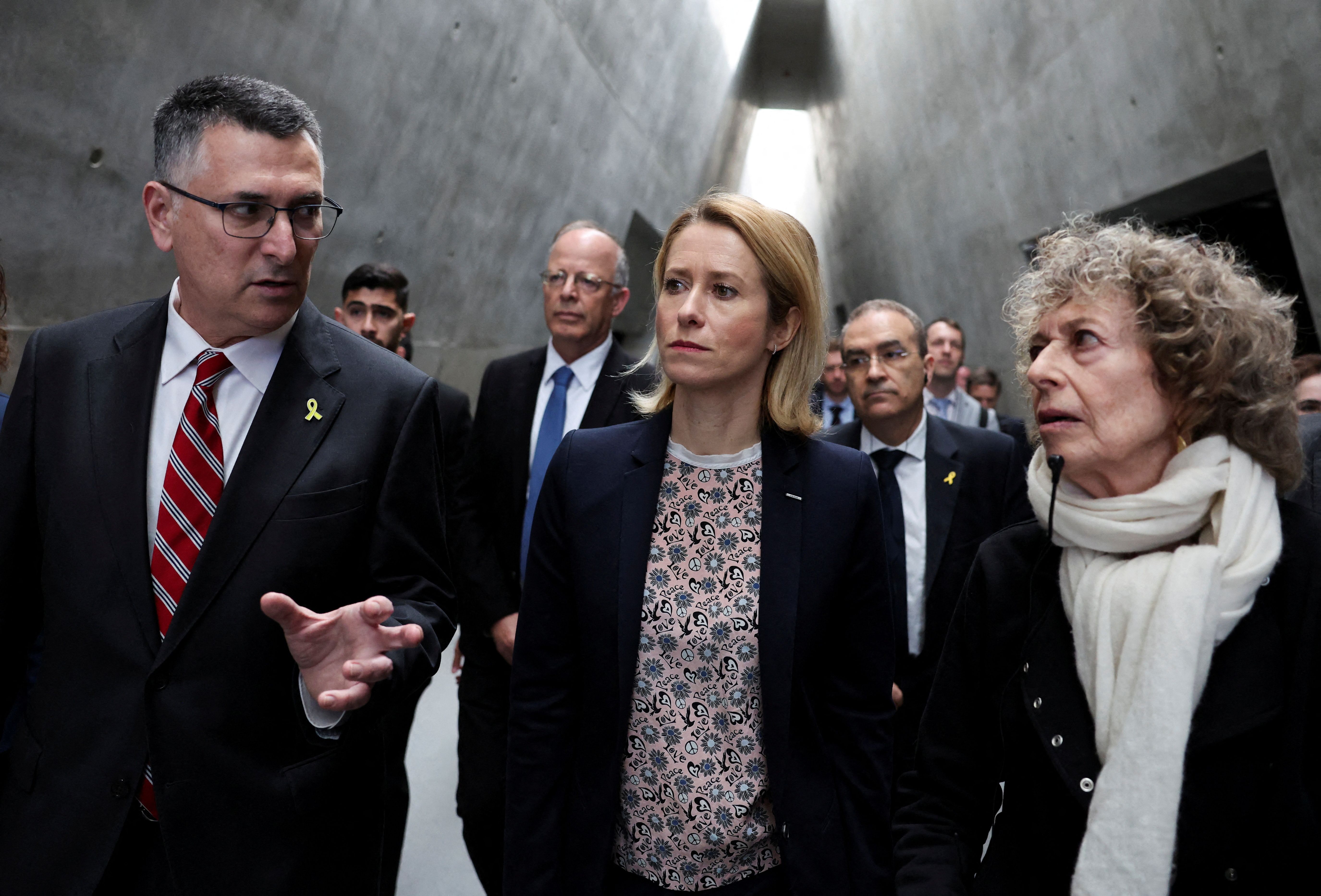 High Representative for Foreign Affairs and Security Policy, and Vice-President of the European Commission Kaja Kallas walks next to Israeli Foreign Minister Gideon Saar, as she visits Yad Vashem, the World Holocaust Remembrance Center, in Jerusalem, March 24, 2025.