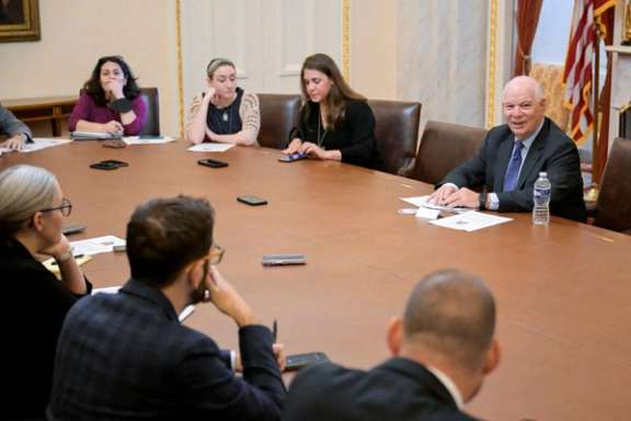 US Senator Ben Cardin (D-MD) speaks at a committee meeting after assuming the chairmanship of the Senate Foreign Relations Committee at the US Capitol on Capitol Hill in Washington, September 28, 2023.