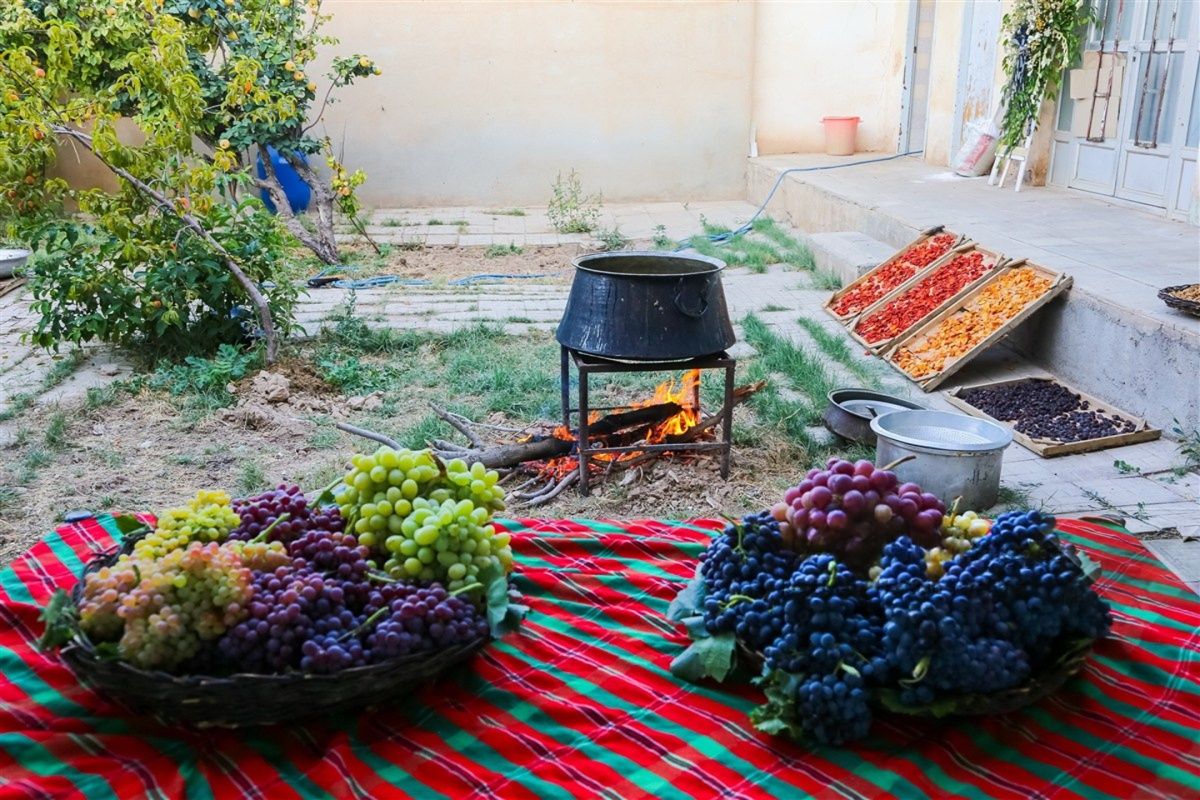 Freshly harvested grapes are displayed alongside traditional food preparation and drying trays in Ruyan, Semnan province, northern Iran, August 31, 2026. 