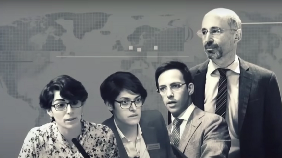 Former US special envoy for Iran Robert Malley (R) and Arian Tabatabai second from left