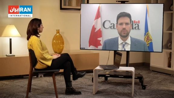 A screen grab from Iran International’s Mahsa Mortazavi with Canada’s Minister of Immigration, Refugees and Citizenship Sean Fraser