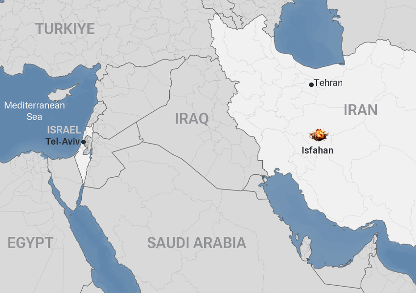 map of Iran and Israel with Isfahan (Esfahan) pinned as the target of Israeli attack on April 19, 2024