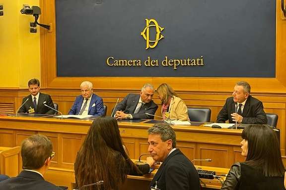 Iran’s exiled prince Reza Pahlavi (center) during a conference at the Italian Parliament on April 26, 2023