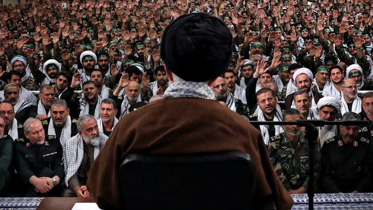 Iran’s ruler Ali Khamenei addressing a crowd of senior military officials  (undated)
