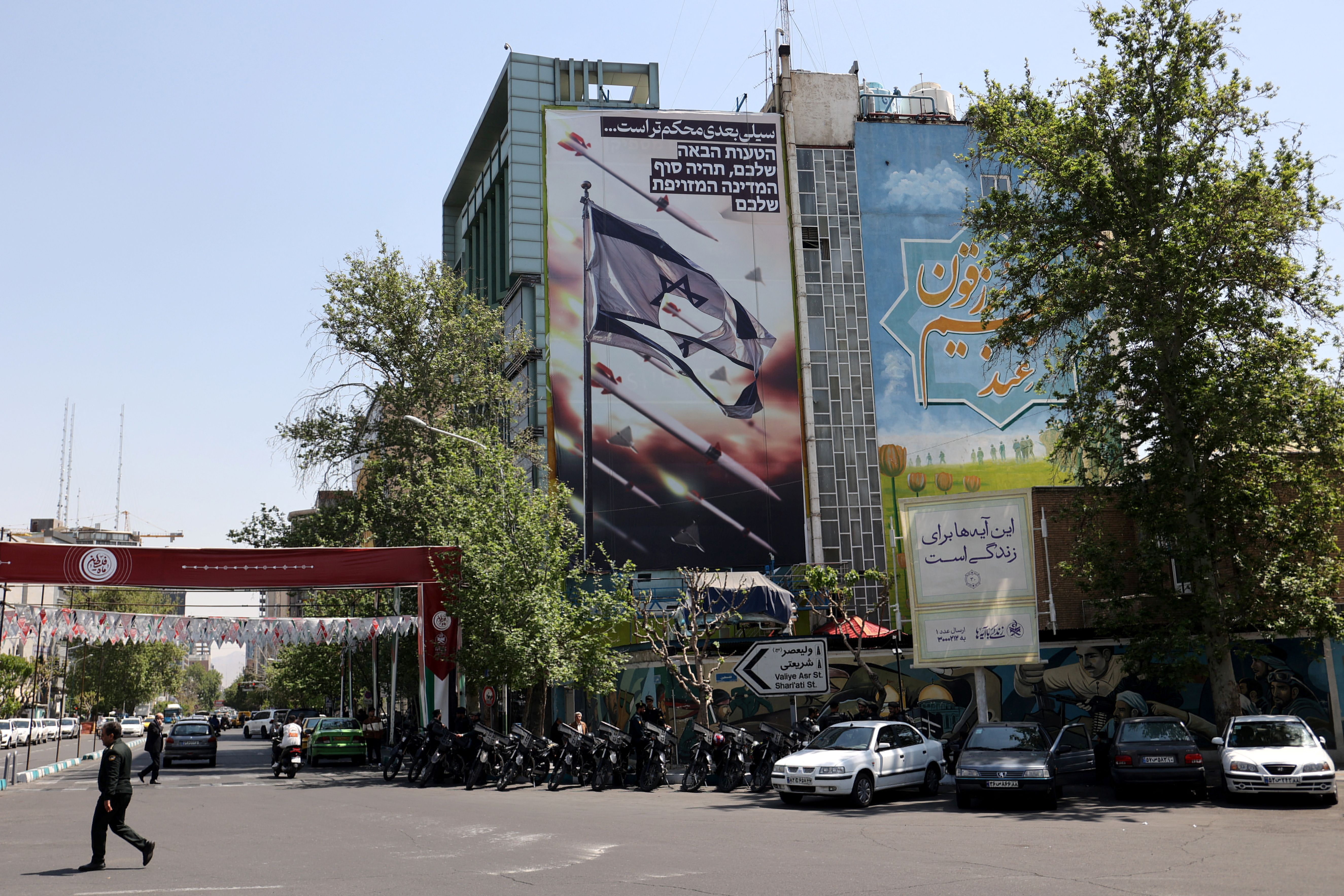 An anti-Israel billboard is seen from a street in Tehran, Iran April 14, 2024.