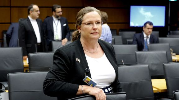 Laura Holgate, US representative to the IAEA at the governors' meeting, while the Iranian delegation is seen in the background. June 6, 2022