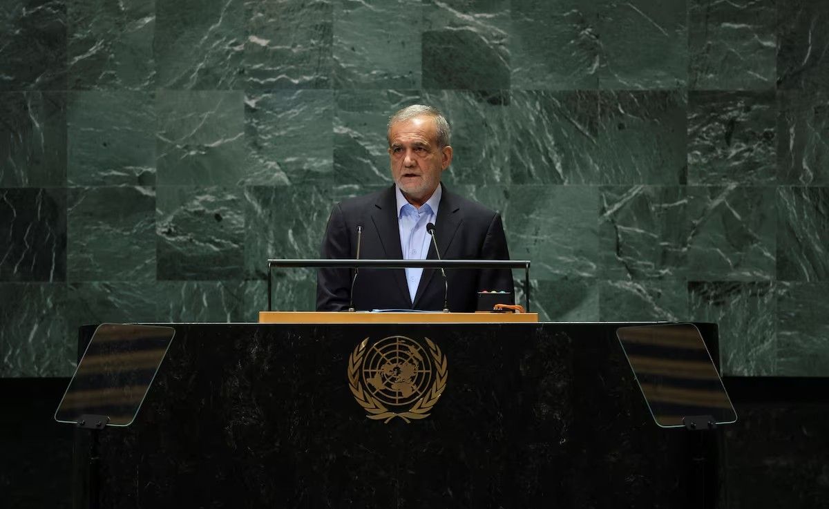 Iran's President Masoud Pezeshkian addresses the 79th United Nations General Assembly at U.N. headquarters in New York, U.S., September 24, 2024
